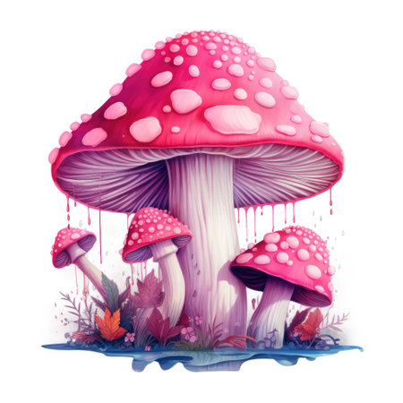 Red fly agaric mushroom with water dropsの素材