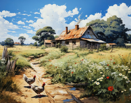 Cozy country house with birds in the foreground.の素材