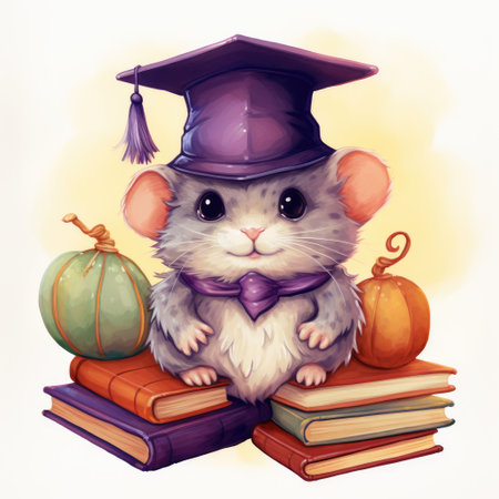 Mouse Wearing Graduation Hat on Top of Booksの素材