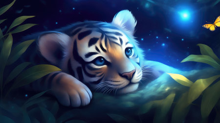 Cute baby tiger lies on the grass and looks dreamily at the stars.の素材