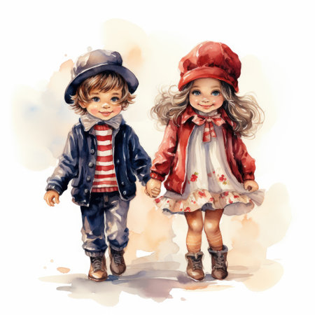 Two children in fashionable cute clothes walk together.の素材