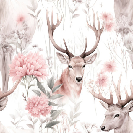 Deer and Flowers Pattern on White Backgroundの素材