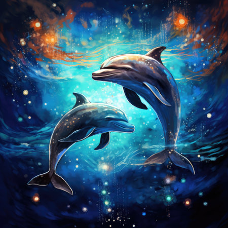 Dolphins swim in the cosmic ocean. Fantastic reality.の素材