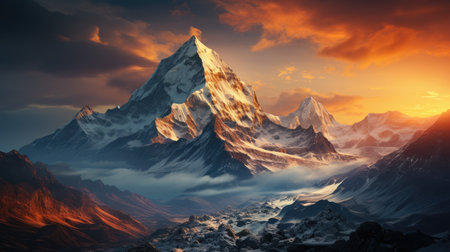 Majestic mountains against the background of a bright sunset. Winter snowy peaks.の素材