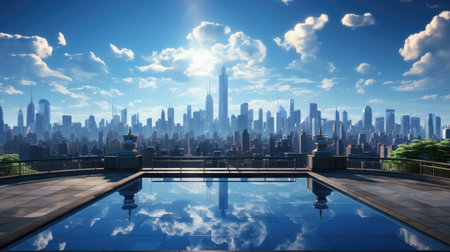 A large empty platform on the roof of a building with a panoramic view of a huge beautiful city.の素材