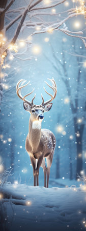 Beautiful deer against the backdrop of a snowy forest.の素材