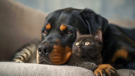 Large dog laying on bed next to kittenの素材