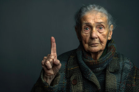 A close-up portrait of an elderly woman with gray hair, wearing a green sweater and a scarf, pointing her index finger upward with a serious expression on her face.の素材