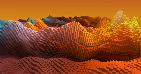 Colorful 3D abstract landscape rendering. Blocks, geometric structure, shape composition. For web...