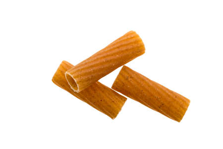 Tot view of tortiglioni grooved helical tube pasta isolated on whiteの写真素材