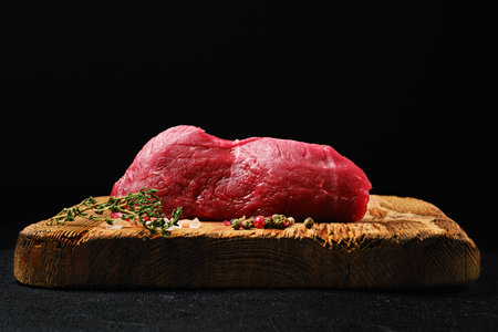 Low angle view of raw beef steak tri-tip loin on shabby wooden cutting boardの素材 [FY310191321442]