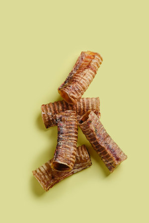 Top view of dehydrated organic beef products for dogs - trachea or cow throatの写真素材
