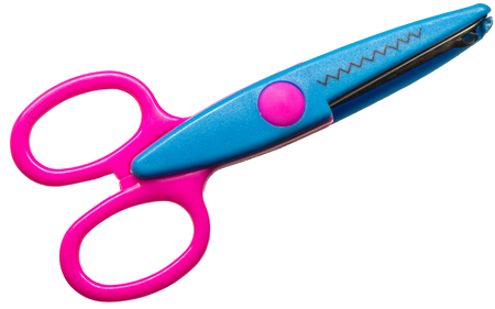 Colored zigzag scissors purple and blue isolated over whiteの写真素材