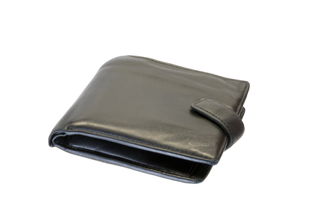 Black leather wallet isolated over white backgroundの写真素材