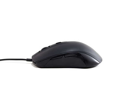 Black computer mouse isolated on white backgroundの写真素材