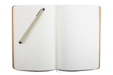pen on blank notebook isolated on white background. Brown cover