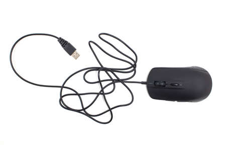 Black computer mouse isolated on white backgroundの写真素材