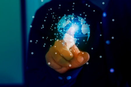 Hand touching hologram for modern global technology business growth planning finance and scienceの写真素材