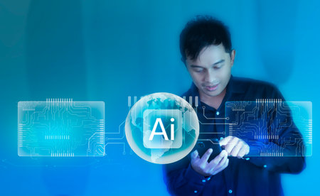 Business hand touching hologram showing the characteristics of AI system, brain processing and command system software and new technology. for analysis and research of business ideの写真素材