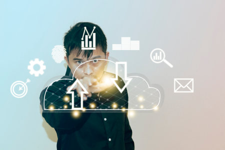 Businessman hand touching hologram modern Technology AI Artificial Intelligence is a thought-processing robot system with OpenAI via graphic illustration for online business.の写真素材