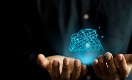 Hologram hand touching modern technology AI artificial intelligence is a robotic brain system...