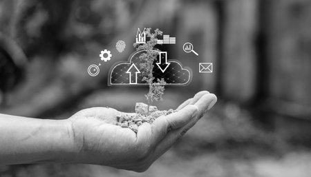 Black and white hand touching hologram sign cloud computing for digital icon modern business...