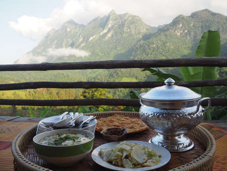 Thai food traditionally dinner for gest host at Chiangdao homestay, Chiangdao, Chiangmai, Thailandの写真素材