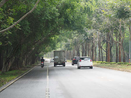 Many cars and motorcycle on Road with the treesの写真素材