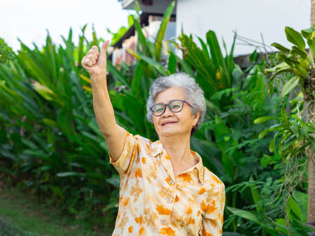 Portrait of happy senior woman showing success gesture.の写真素材