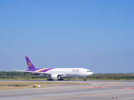 BANGKOK, THAILAND - November 26,2018: Docked Thai Airways flights in Suvarnabhumi Airport.のeditorial素材