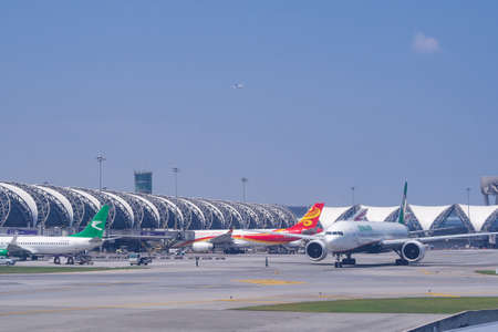 BANGKOK, THAILAND - September 29, 2019 : The Hongkong airlines and Evaair airlines landed at...