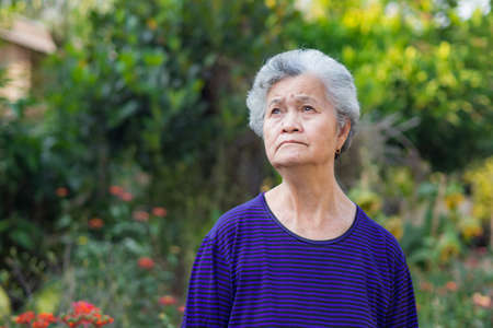 Portrait of elderly woman with short white hair and standing looking up in garden. Asian senior woman healthy and have positive thoughts on life make her happy every day. Health care conceptの写真素材