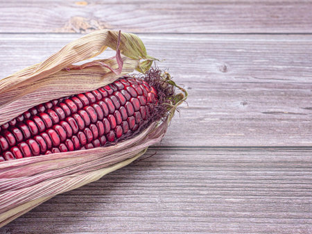 Side view of purple corn or Siam ruby queen isolated on a wooden table. Space for text. Vegan fruit and healthy fruits concept.の写真素材
