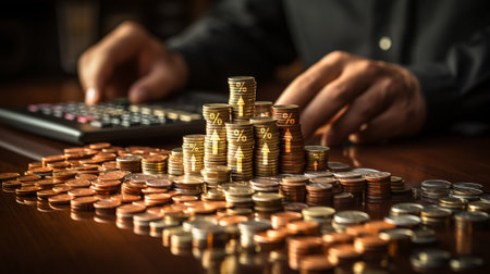 Businessman using calculator and stacking coins for finance and banking concept. AI generated.の素材