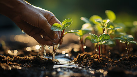 A close-up of a hand holding water and watering the garden's young plants in the early morning. AI generatedの素材