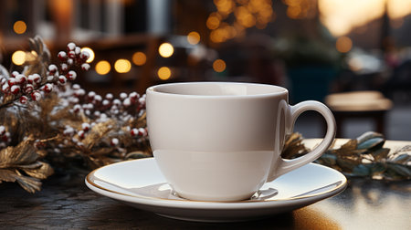 A blank white 11-ounce coffee mug with no art on the mug on a wooden table with blurred Christmas background. AI generatedの素材