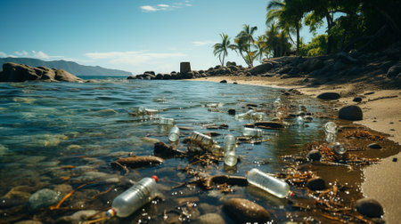 Beach pollution. A lot of garbage and plastic bottles on the seashore. AI generatedの素材