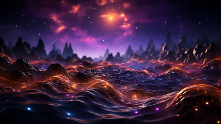 Abstract digital purple particles wave and light background with shimmering dots and stars. AI Generatedの素材