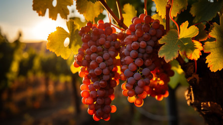 Bunches of purple grapes hanging from a vine plant in the vineyard at sunset. AI Generatedの素材