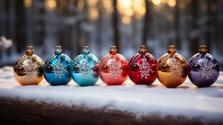 Colorful Christmas balls in the snow background. AI Generatedの素材
