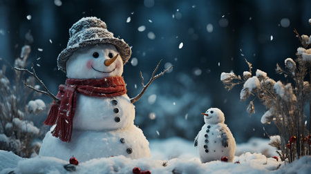 Snowman and snowman in the winter forest. Christmas background. AI Generatedの素材