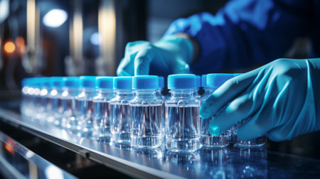 Pharmaceutical industry. Production line machine conveyor with glass bottles at the pharmaceutical factory. AI Generatedの素材