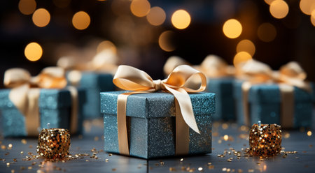Blue sparkling gift boxes are tied with a beautiful bow. The background is bokeh sparkling festive effects.の素材