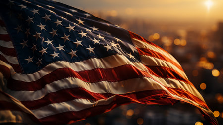 The American flag with city blurred background.の素材