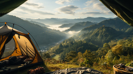 Tent and mountains in the background at mountains with misty in the morning.の素材