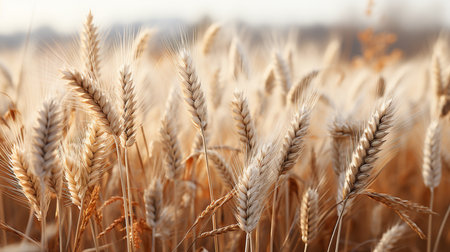 Landscape of gold wheat growth in the field. Rural scenery under shining sunlight.の素材