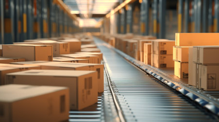 Many cardboard box parcels move along a conveyor belt at a warehouse fulfillment center. Delivery, storage, and distribution service concept.の素材