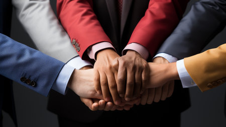 Top view of the business team putting their hands together. Teamwork and unity concept. AI Generatedの素材