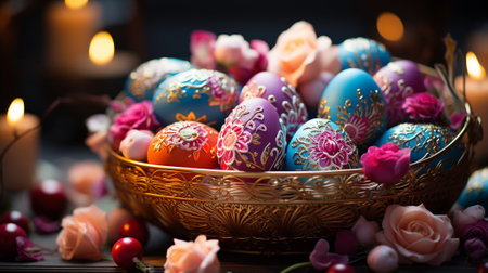 A basket filled with colorful Easter eggs, each egg uniquely decorated with intricate patterns and soft pastel hues. AI Generated.の素材