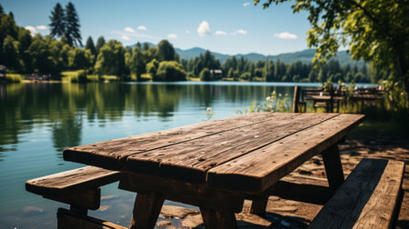 A wooden tabletop in front with a blurred background of summer lakes and green forests. AI Generated.の素材